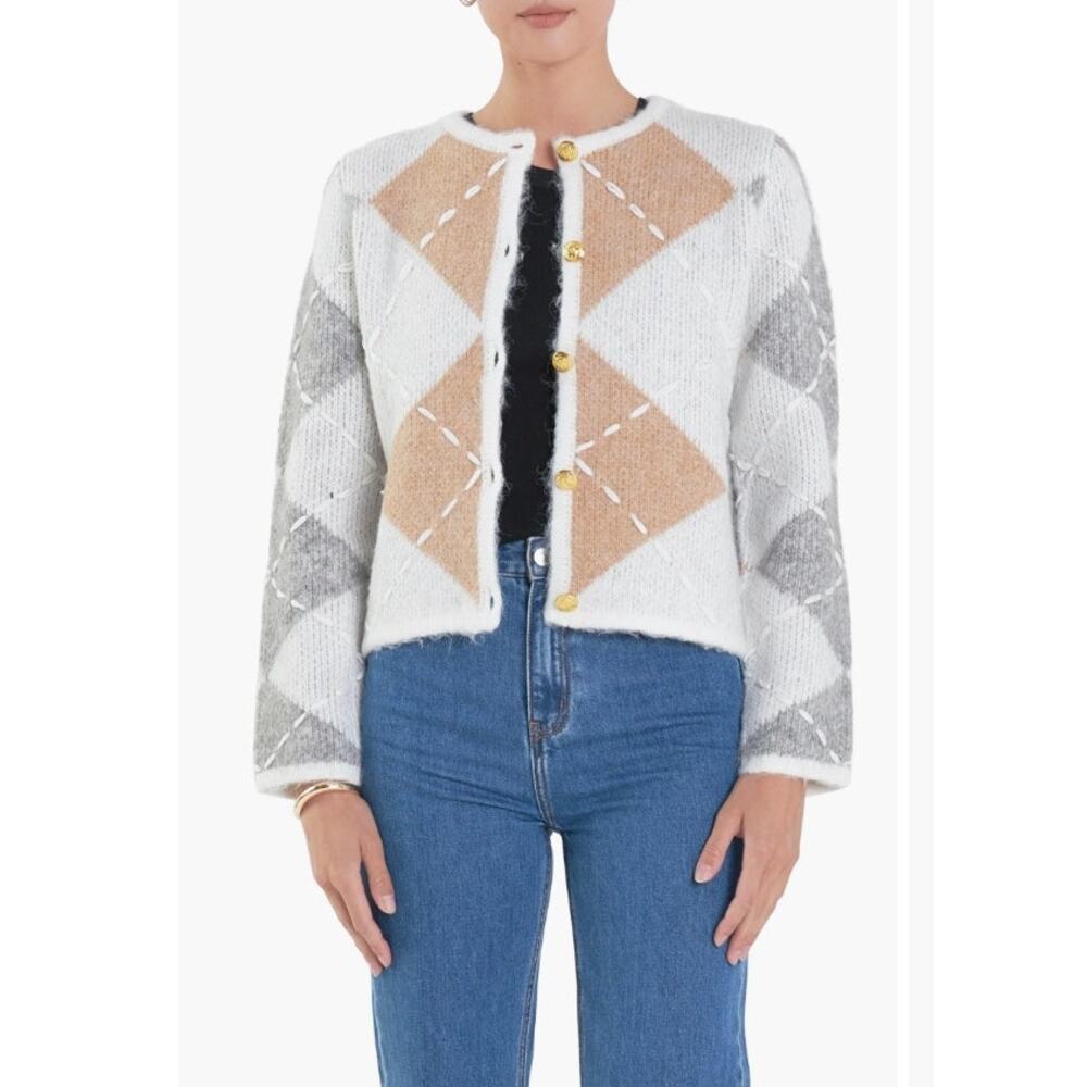 English Factory Argyle Crop Cardigan White Gray Tan Size 1X NWOT Preppy Classic